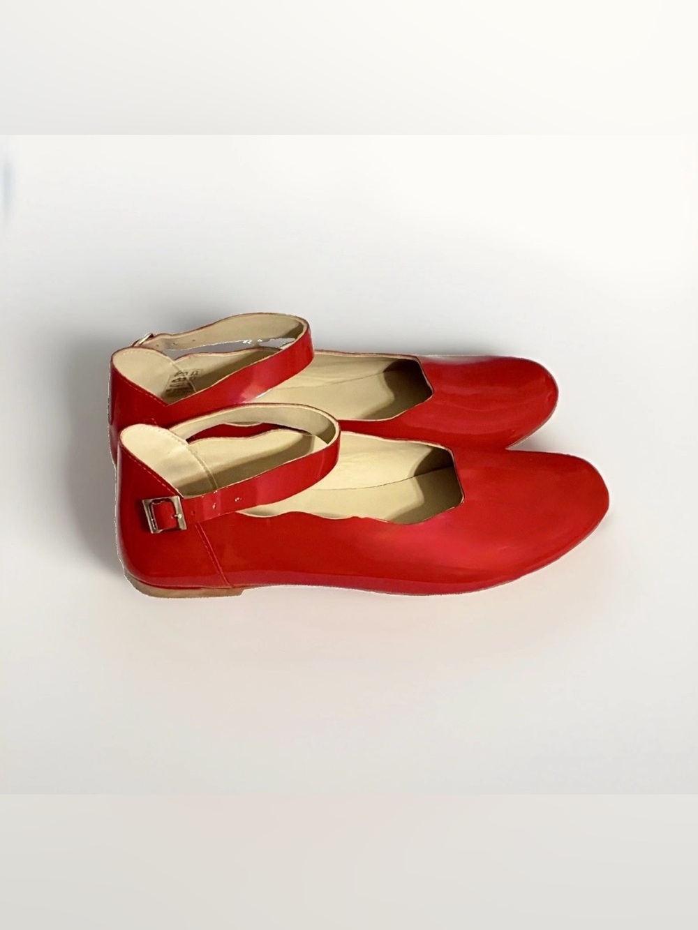 Elephantito Size 5 Big Girls Shiny Red Patent Leather Flats with Ankle Straps